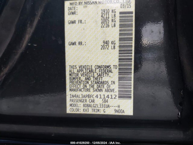 Nissan Altima 2.5 S 2015 1N4AL3AP8FC411412 Image 9