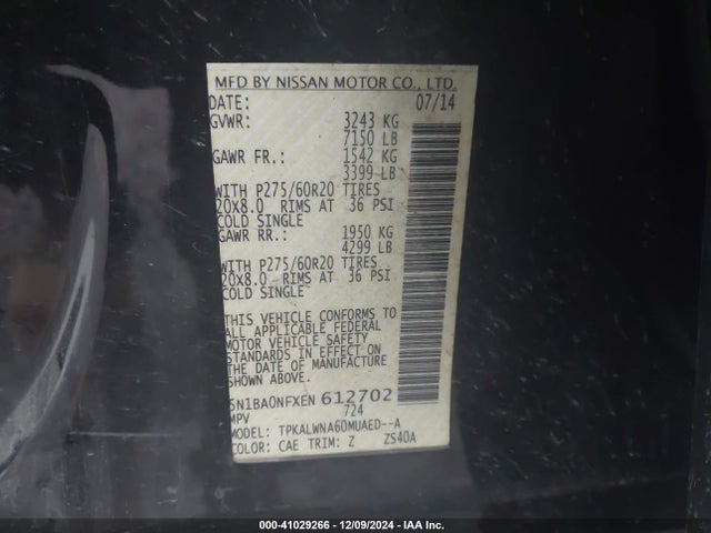 5N1BA0NFXEN612702 Nissan Armada Platinum/sl/sv