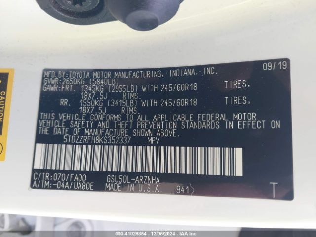 5TDZZRFH8KS352337 Toyota Highlander Le Plus