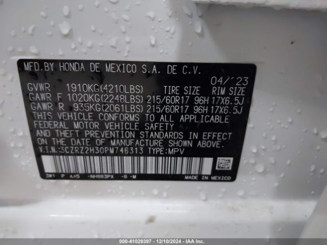 3CZRZ2H30PM746313 Honda Hr-v Awd Lx