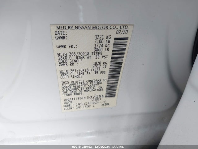 1N6AA1EF6LN507056 Nissan Titan Sv 4x2