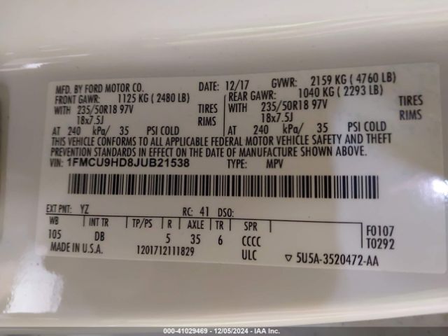 1FMCU9HD8JUB21538 Ford ESCAPE SEL