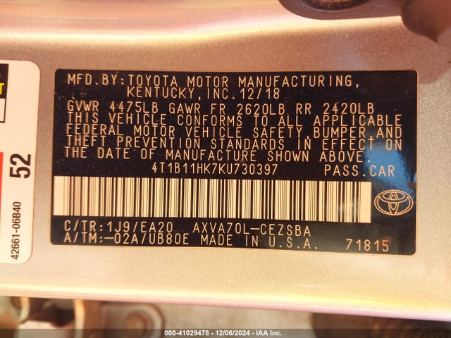 Toyota CAMRY SE 2019 4T1B11HK7KU730397 Image 9