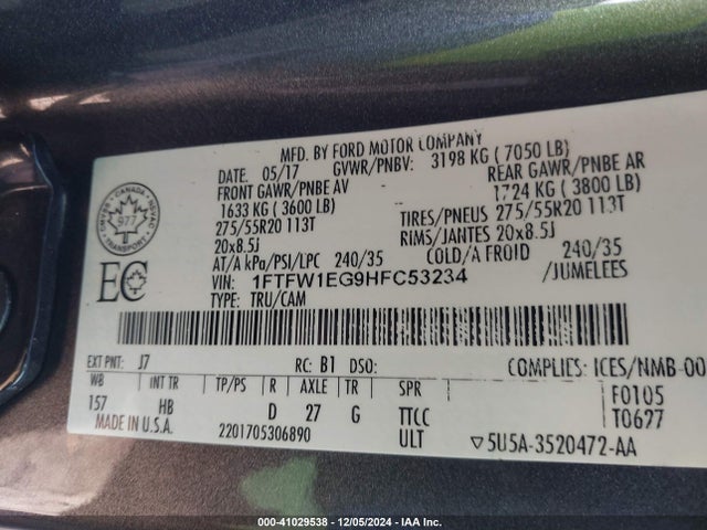 Ford F-150 Lariat 2017 1FTFW1EG9HFC53234 Image 9