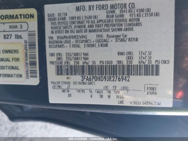 3FA6P0HD9JR276942 Ford FUSION SE