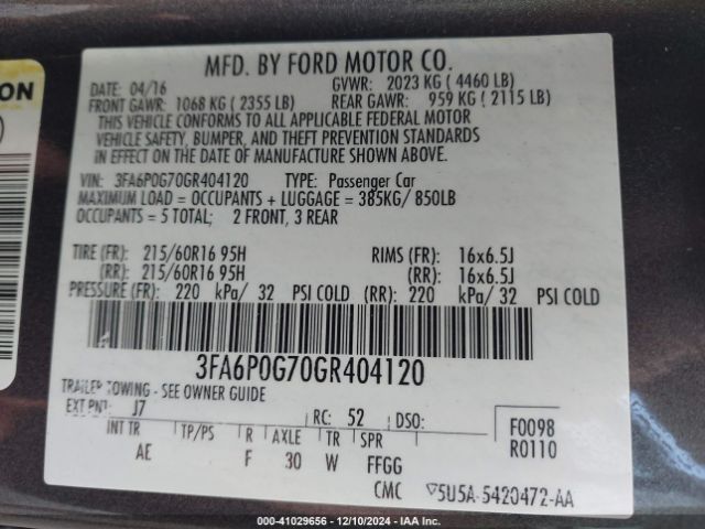 3FA6P0G70GR404120 Ford FUSION S