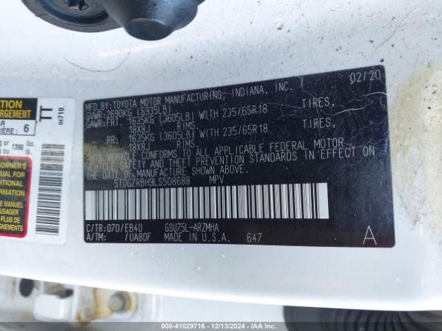5TDGZRBH9LS508688 Toyota Highlander Xle