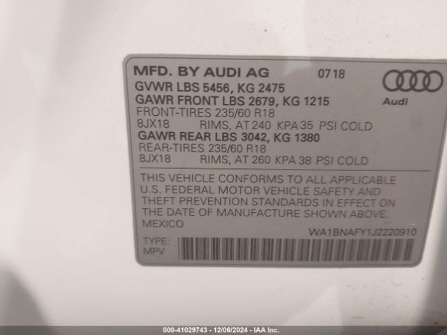 WA1BNAFY1J2220910 Audi Q5 2.0t Premium/2.0t Tech Premium