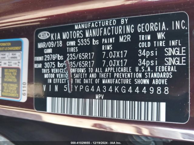 5XYPG4A34KG444988 KIA Sorento 2.4l Lx