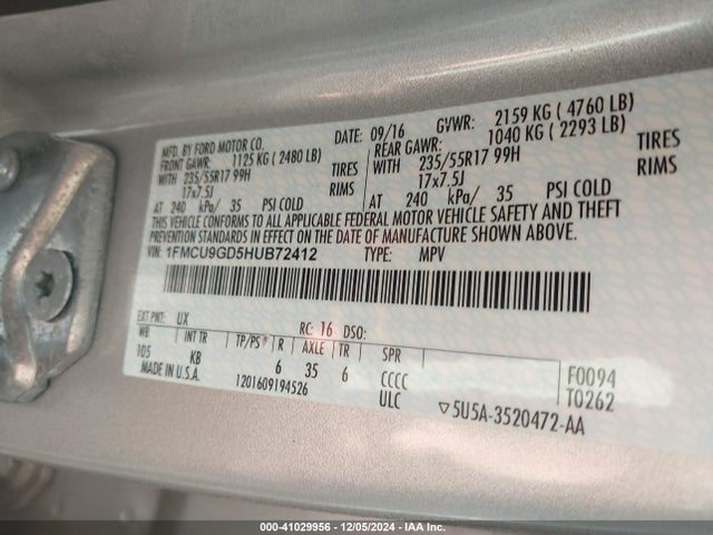 1FMCU9GD5HUB72412 Ford ESCAPE SE