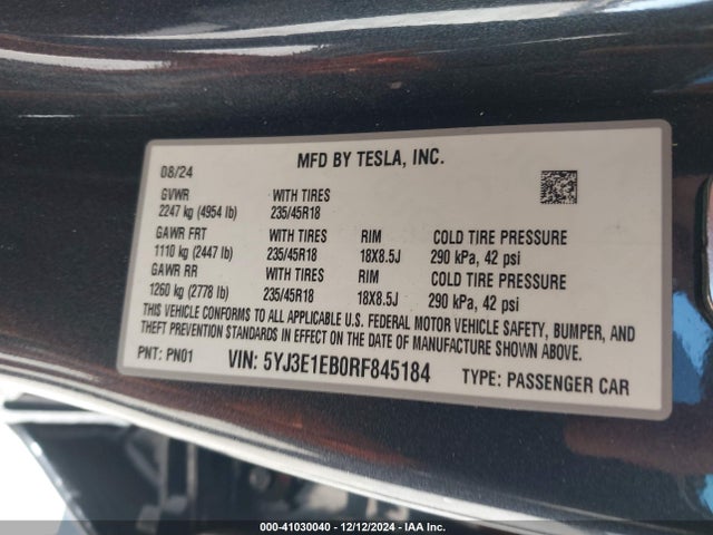 2024 TESLA MODEL 3 5YJ3E1EB0RF845184 Photo 8