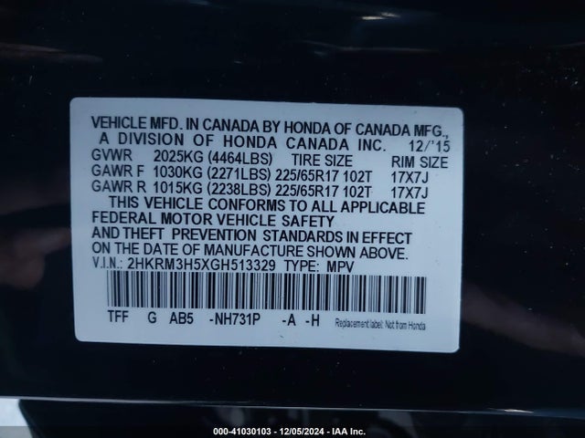 Honda CR-V EX 2016 2HKRM3H5XGH513329 Image 9