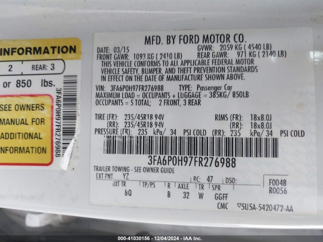 Ford FUSION SE 2015 3FA6P0H97FR276988 Image 9
