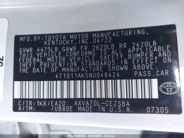 4T1S11AK5NU048424 Toyota CAMRY SE