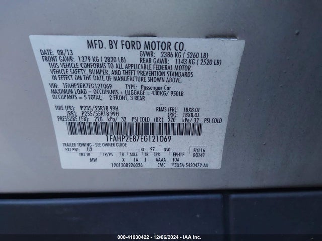 Ford TAURUS SEL 2014 1FAHP2E87EG121069 Image 9