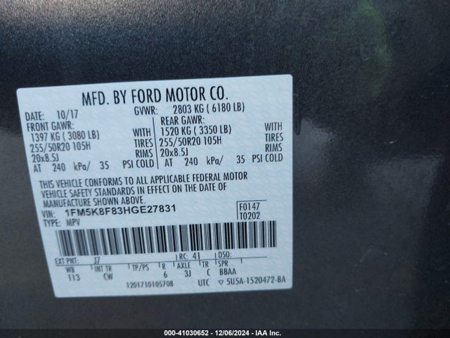 1FM5K8F83HGE27831 Ford Explorer Limited