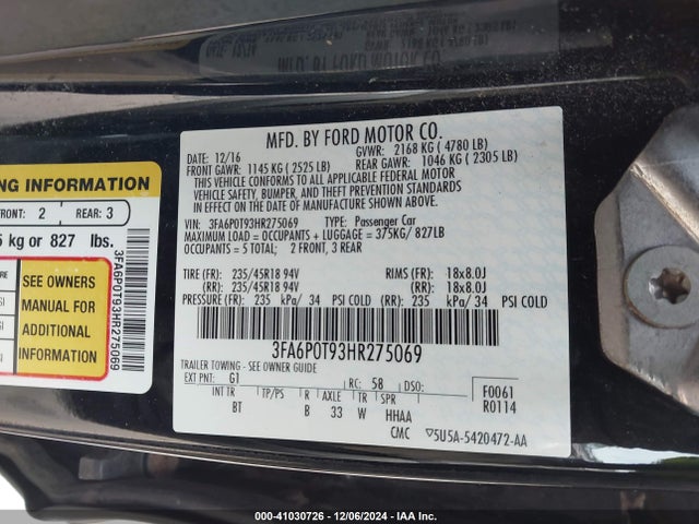 Ford FUSION SE 2017 3FA6P0T93HR275069 Image 9
