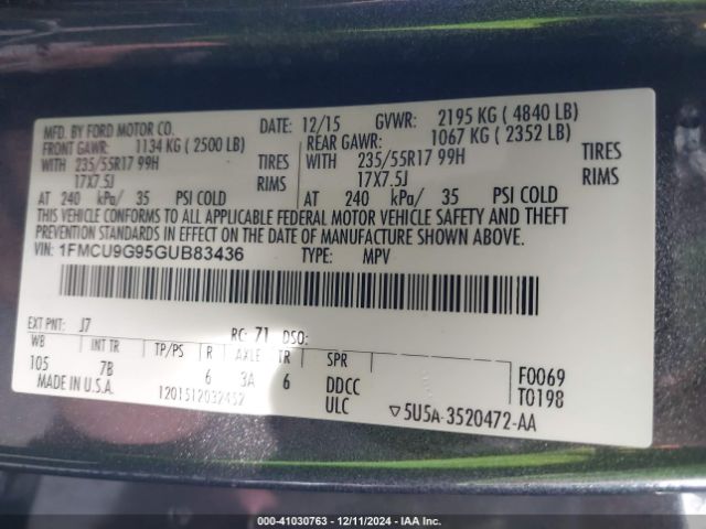 1FMCU9G95GUB83436 Ford ESCAPE SE
