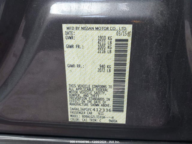 Nissan Altima 2.5 S 2015 1N4AL3AP1FC412336 Image 9