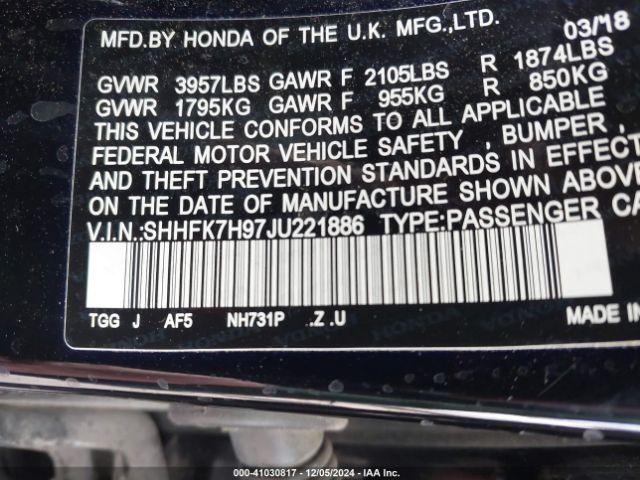 SHHFK7H97JU221886 Honda Civic Sport Touring