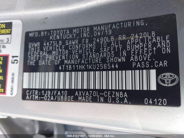 4T1B11HK1KU256544 Toyota CAMRY LE