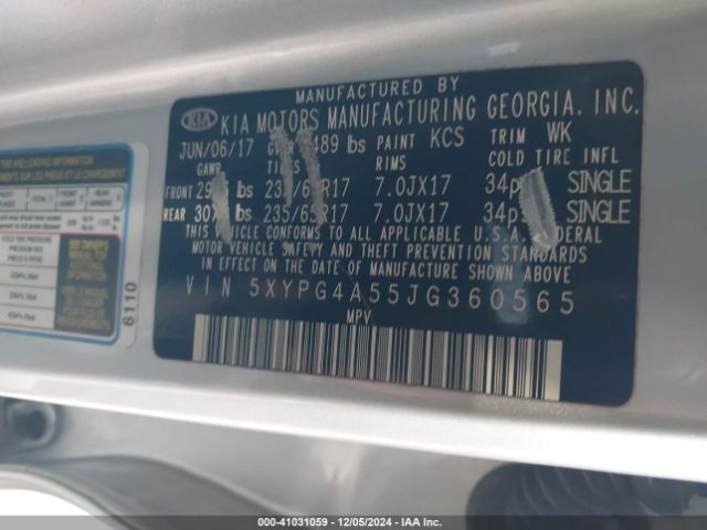 5XYPG4A55JG360565 KIA Sorento 3.3l Lx