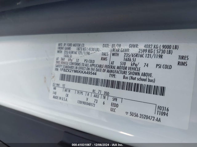 1FBZX2YM6KKA49544 Ford Transit-350 Xlt