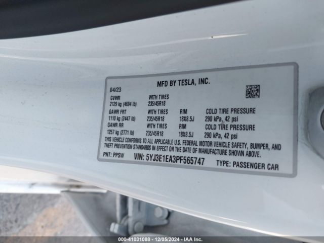 5YJ3E1EA3PF565747 Tesla Model 3 Rear-wheel Drive