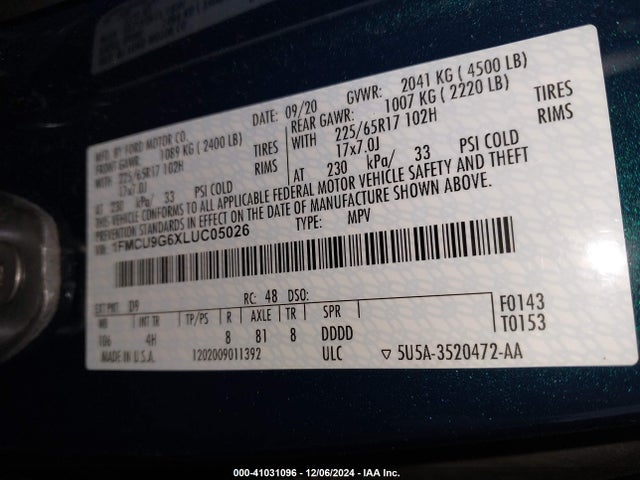 1FMCU9G6XLUC05026 Ford ESCAPE SE