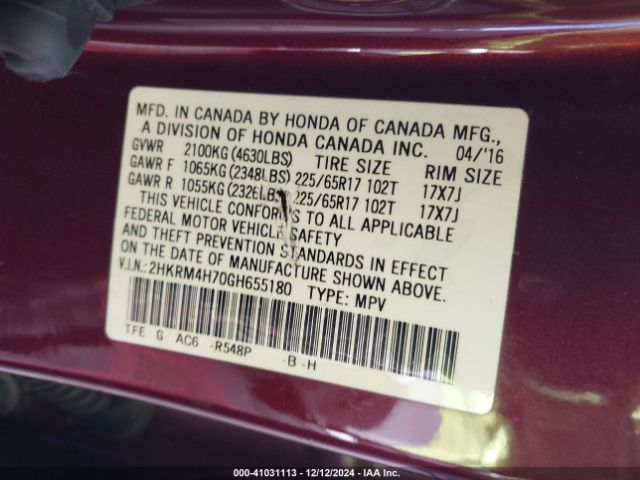 2HKRM4H70GH655180 Honda Cr-v Ex-l
