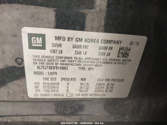 KL7CJTSB3FB149863 Chevrolet TRAX LTZ