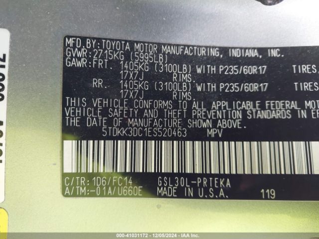 5TDKK3DC1ES520463 Toyota Sienna Le V6 8 Passenger