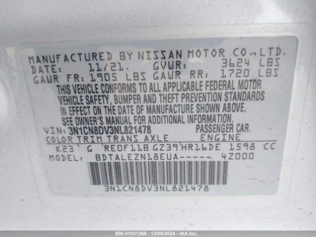 3N1CN8DV3NL821478 Nissan Versa 1.6 S Xtronic Cvt