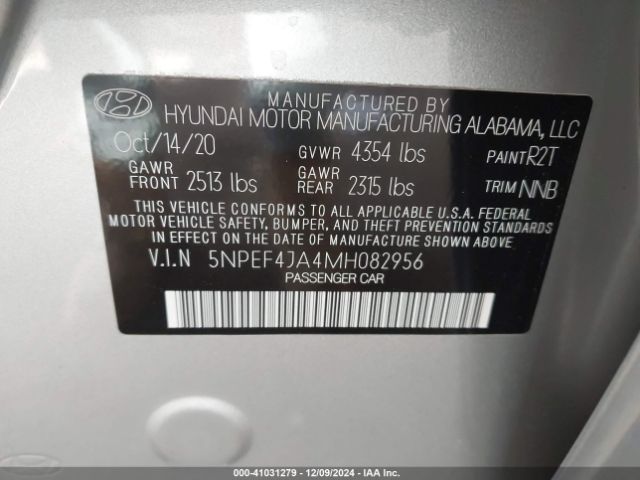 5NPEF4JA4MH082956 Hyundai SONATA SEL
