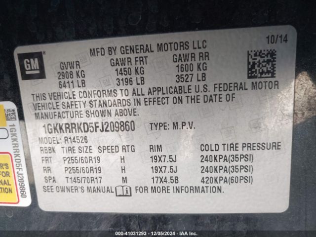 1GKKRRKD5FJ209860 GMC Acadia Slt-1