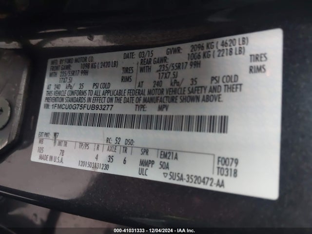 Ford ESCAPE SE 2015 1FMCU0G75FUB93277 Image 9