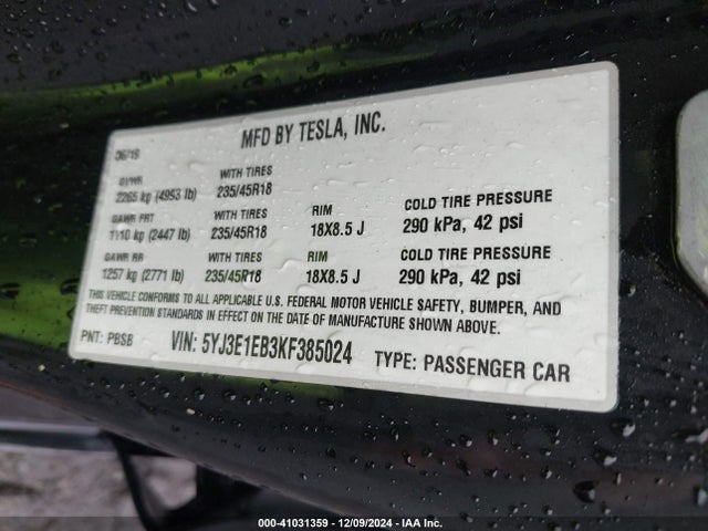 2019 TESLA MODEL 3 5YJ3E1EB3KF385024 Photo 8