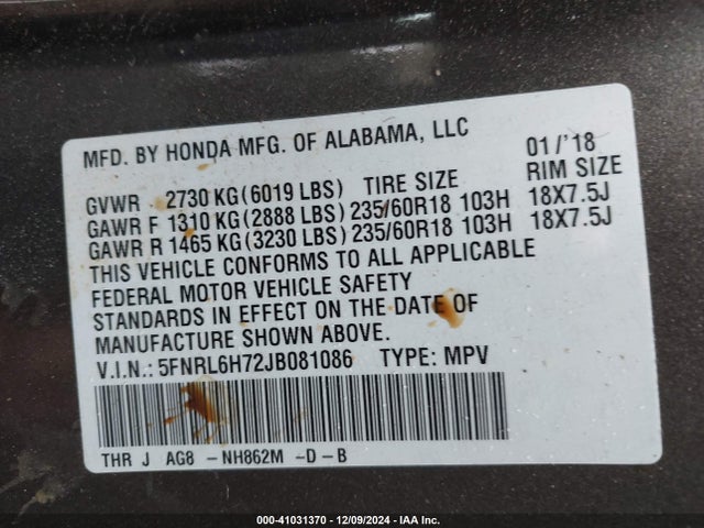 5FNRL6H72JB081086 Honda Odyssey Ex-l