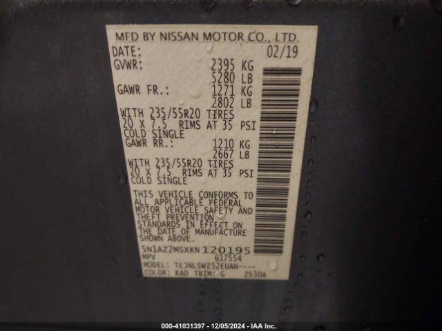 5N1AZ2MSXKN120195 Nissan Murano Platinum
