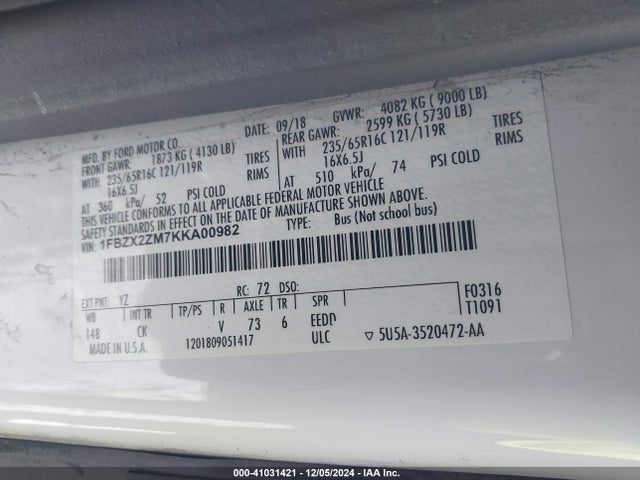 1FBZX2ZM7KKA00982 Ford Transit-350 Xlt