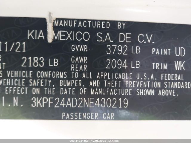 3KPF24AD2NE430219 KIA FORTE FE