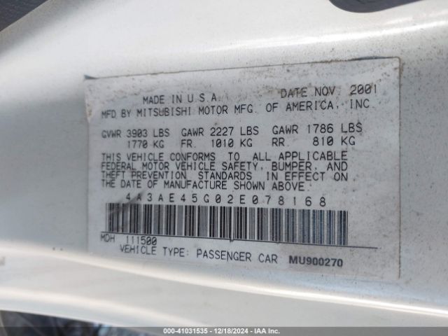 2002 MITSUBISHI ECLIPSE 4A3AE45G02E078168 Photo 8