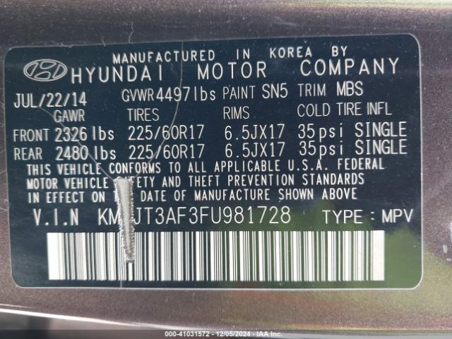KM8JT3AF3FU981728 Hyundai TUCSON GLS