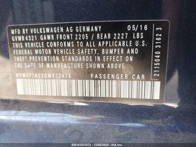 WVWKP7AU2GW913476 Volkswagen E-golf Se