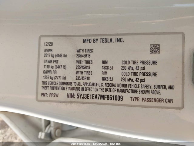 2021 TESLA MODEL 3 5YJ3E1EA7MF861009 Photo 8