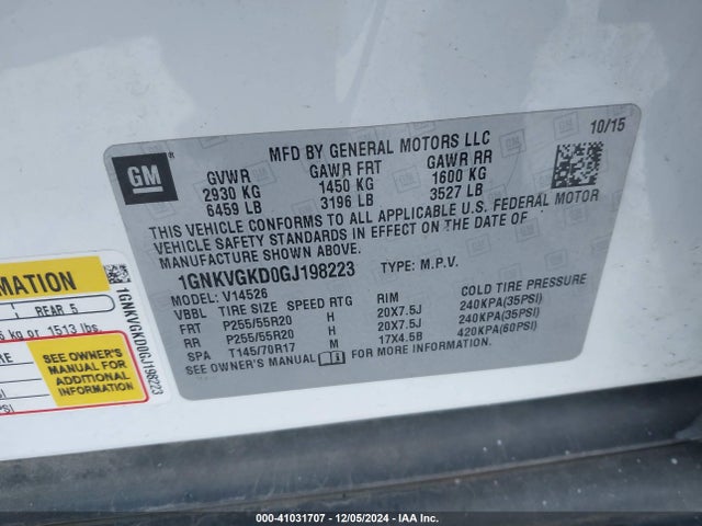 Chevrolet Traverse 1lt 2016 1GNKVGKD0GJ198223 Image 9