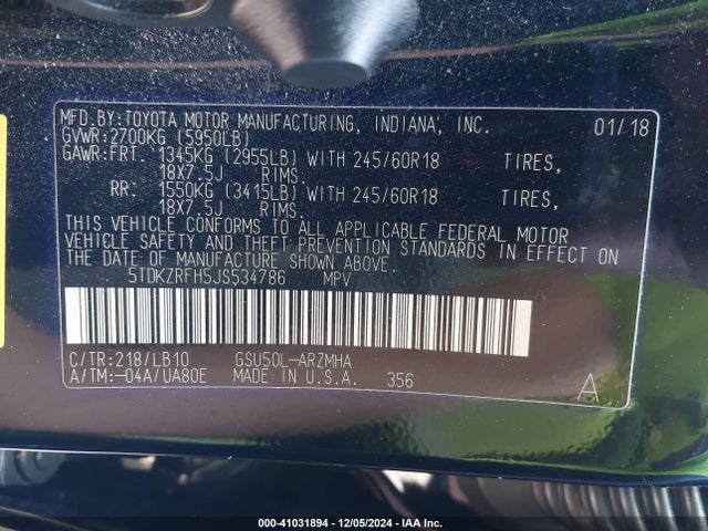 Toyota Highlander Xle 2018 5TDKZRFH5JS534786 Image 9