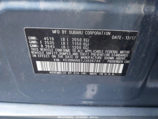 4S3BNAN61J3026748 Subaru Legacy 2.5i Limited