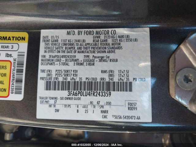 3FA6P0LU4FR243359 Ford Fusion Hybrid Se