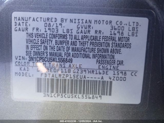 3N1CP5CU5KL556849 Nissan KICKS S